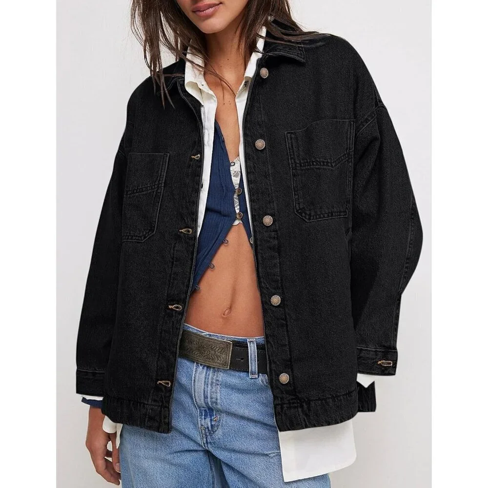 Women Jean Jacket Oversized Shacket Denim Jacket Button Down Boyfriend Black - Picture 2 of 6